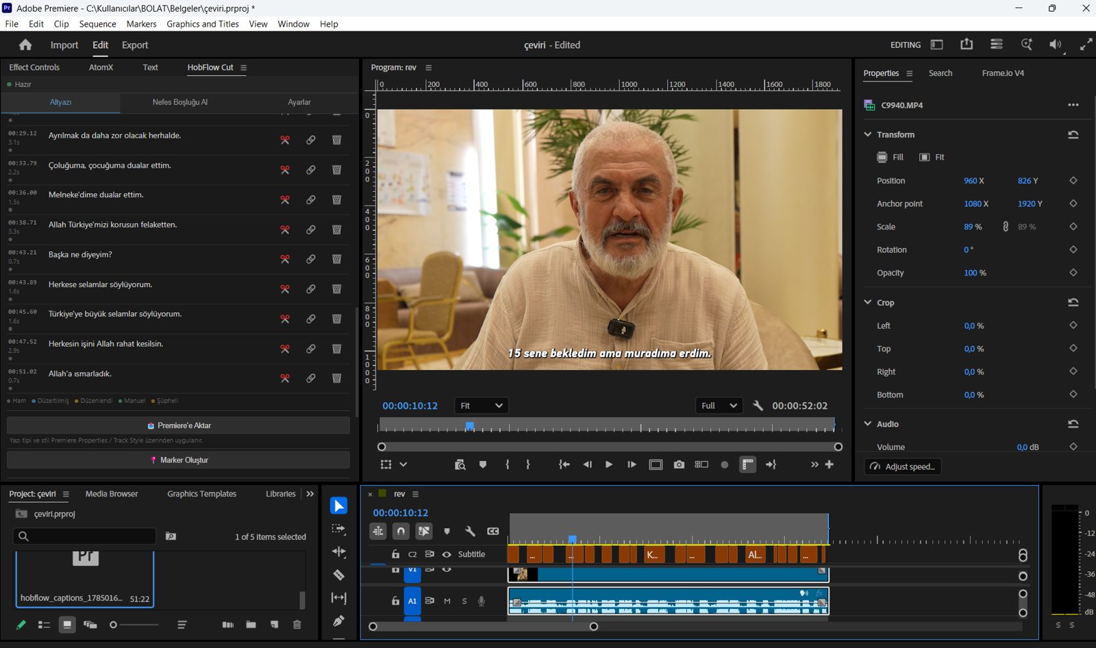 HobFlow Cut - Premiere Pro içinde otomatik Türkçe altyazı