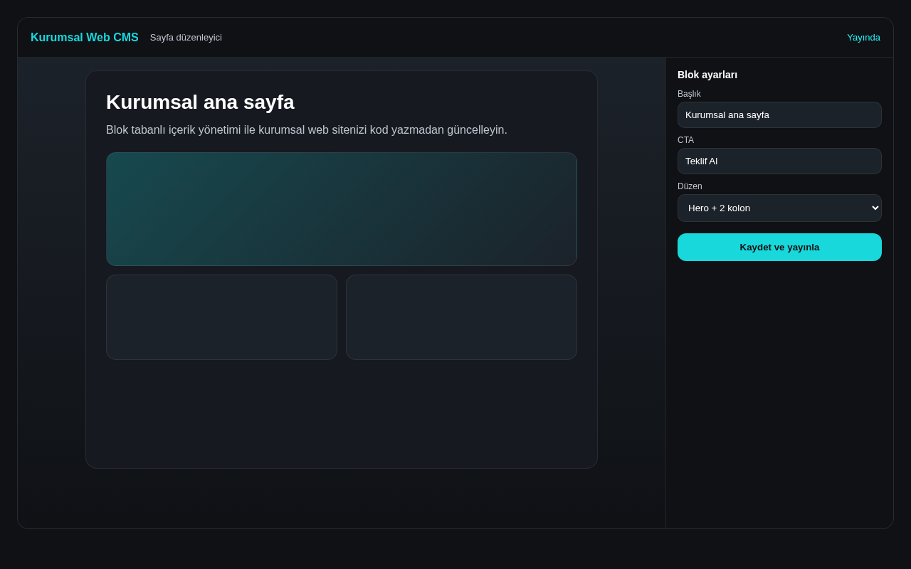 Kurumsal web CMS düzenleyici arayüzü